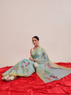 Hiral Fashion Blue Banarasi Cotton Silk Floral Digital Printed Saree | Grocsy