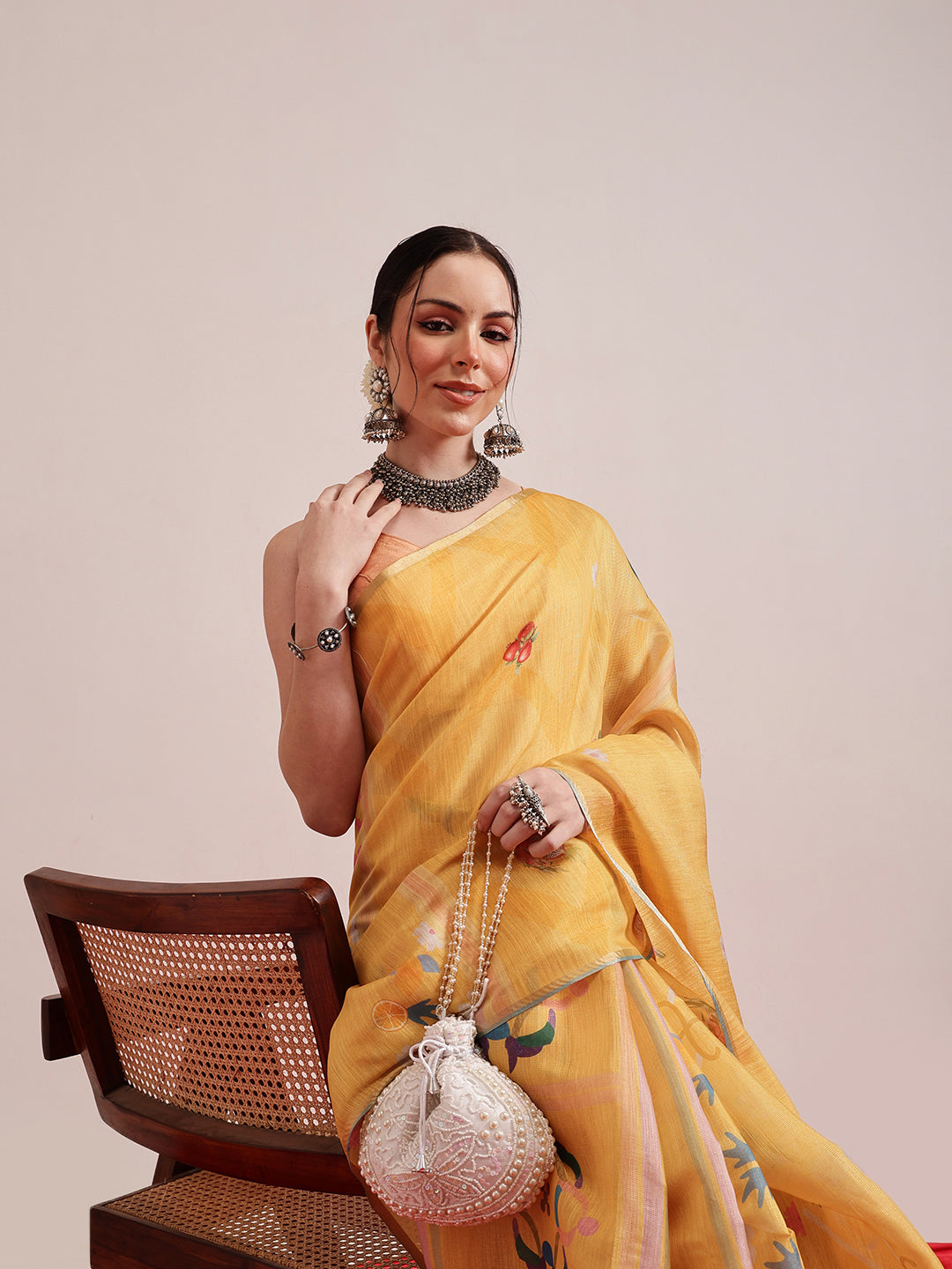Hiral Fashion Yellow Banarasi Cotton Silk Fruits Digital Printed Saree | Grocsy