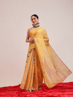 Hiral Fashion Yellow Banarasi Cotton Silk Fruits Digital Printed Saree | Grocsy