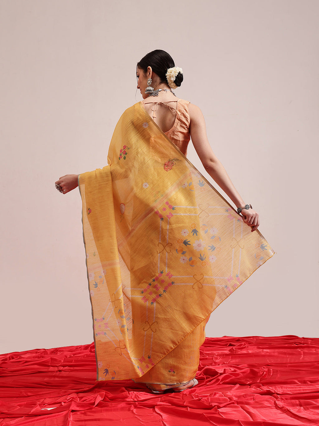 Hiral Fashion Yellow Banarasi Cotton Silk Fruits Digital Printed Saree | Grocsy