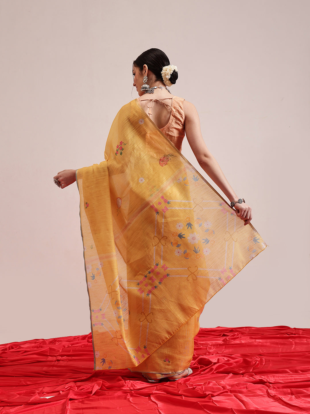 Hiral Fashion Yellow Banarasi Cotton Silk Fruits Digital Printed Saree | Grocsy