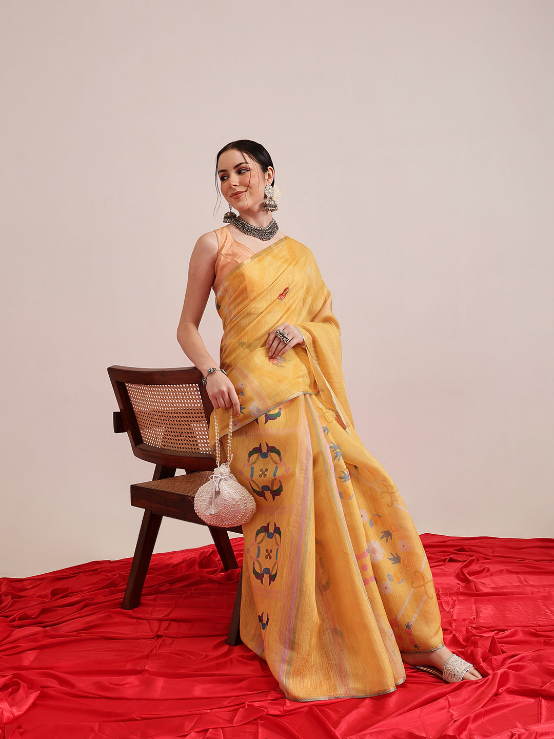 Hiral Fashion Yellow Banarasi Cotton Silk Fruits Digital Printed Saree | Grocsy