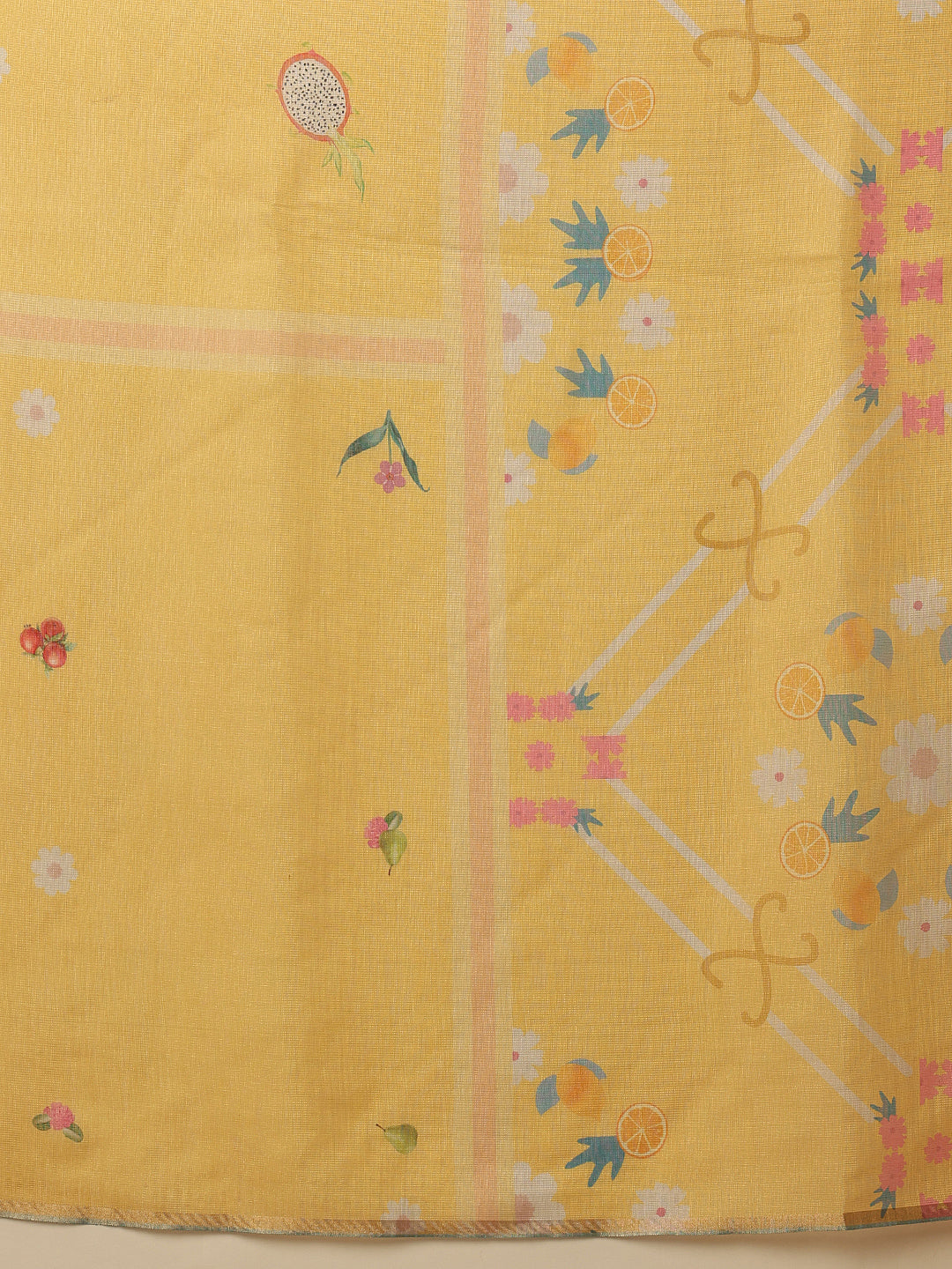 Hiral Fashion Yellow Banarasi Cotton Silk Fruits Digital Printed Saree | Grocsy