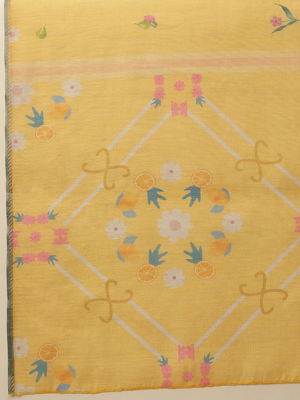 Hiral Fashion Yellow Banarasi Cotton Silk Fruits Digital Printed Saree | Grocsy