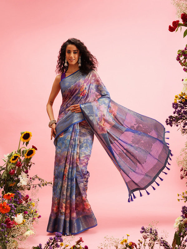 Blue Cotton Digital Print Floral Saree with Unstitched Blouse - Hiral Fashion | Grocsy