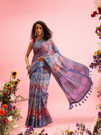 Blue Cotton Digital Print Floral Saree with Unstitched Blouse - Hiral Fashion | Grocsy