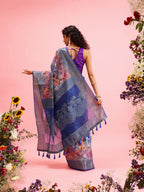 Blue Cotton Digital Print Floral Saree with Unstitched Blouse - Hiral Fashion | Grocsy