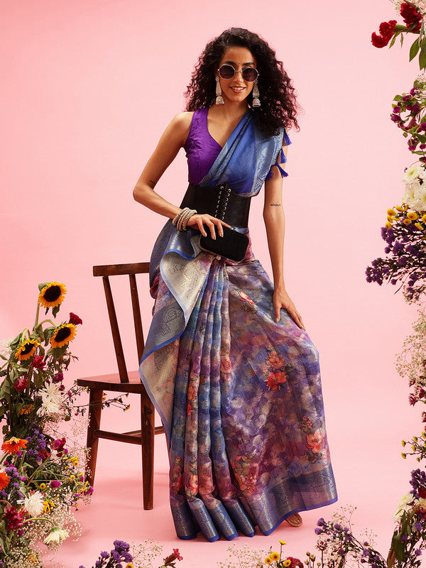 Blue Cotton Digital Print Floral Saree with Unstitched Blouse - Hiral Fashion | Grocsy