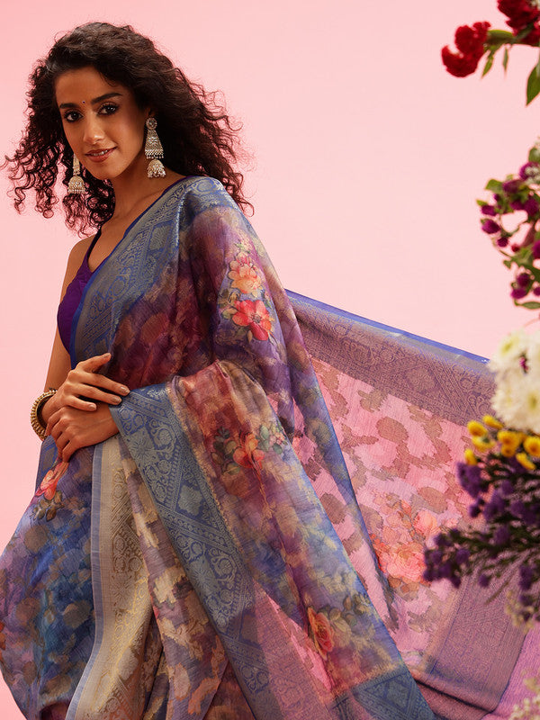 Blue Cotton Digital Print Floral Saree with Unstitched Blouse - Hiral Fashion | Grocsy