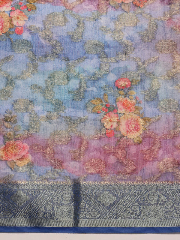 Blue Cotton Digital Print Floral Saree with Unstitched Blouse - Hiral Fashion | Grocsy