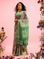 Green Cotton Digital Print Floral Saree with Unstitched Blouse - Hiral Fashion | Grocsy