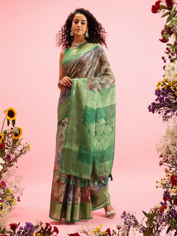 Green Cotton Digital Print Floral Saree with Unstitched Blouse - Hiral Fashion | Grocsy