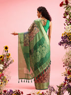 Green Cotton Digital Print Floral Saree with Unstitched Blouse - Hiral Fashion | Grocsy