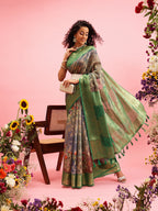 Green Cotton Digital Print Floral Saree with Unstitched Blouse - Hiral Fashion | Grocsy