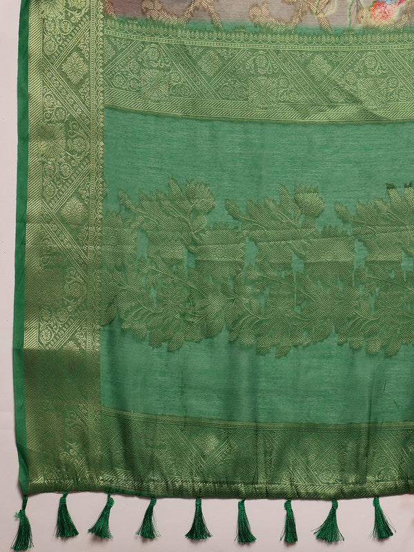 Green Cotton Digital Print Floral Saree with Unstitched Blouse - Hiral Fashion | Grocsy