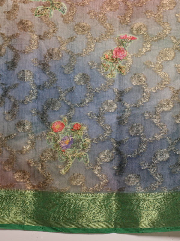 Green Cotton Digital Print Floral Saree with Unstitched Blouse - Hiral Fashion | Grocsy