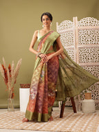 Olive Cotton Digital Print Floral Saree with Unstitched Blouse - Hiral Fashion | Grocsy