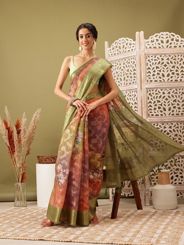 Olive Cotton Digital Print Floral Saree with Unstitched Blouse - Hiral Fashion | Grocsy