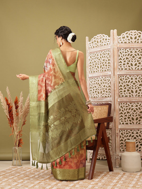 Olive Cotton Digital Print Floral Saree with Unstitched Blouse - Hiral Fashion | Grocsy