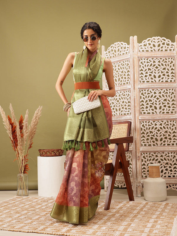 Olive Cotton Digital Print Floral Saree with Unstitched Blouse - Hiral Fashion | Grocsy
