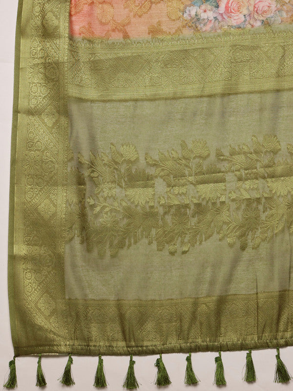 Olive Cotton Digital Print Floral Saree with Unstitched Blouse - Hiral Fashion | Grocsy