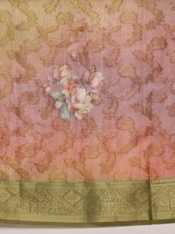 Olive Cotton Digital Print Floral Saree with Unstitched Blouse - Hiral Fashion | Grocsy