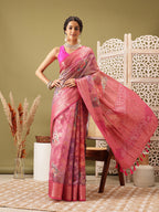 Pink Cotton Digital Print Floral Saree with Unstitched Blouse - Hiral Fashion | Grocsy
