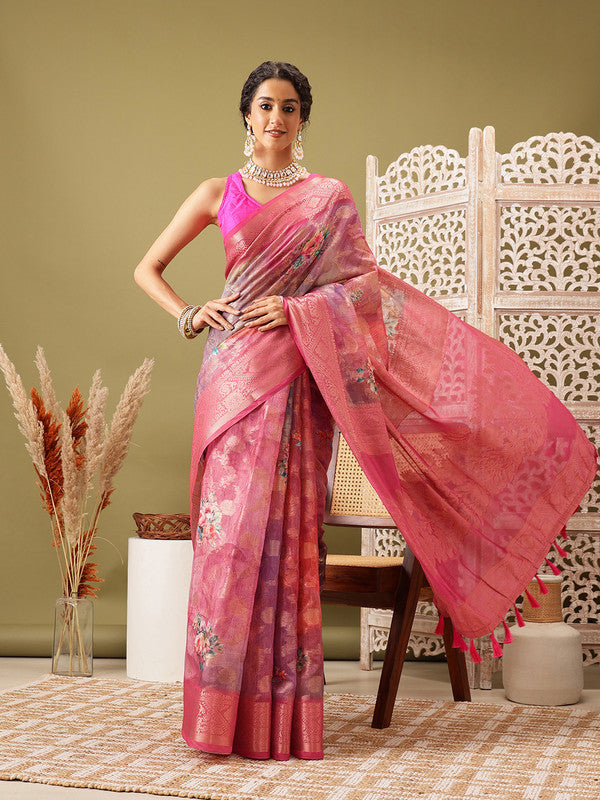 Pink Cotton Digital Print Floral Saree with Unstitched Blouse - Hiral Fashion | Grocsy