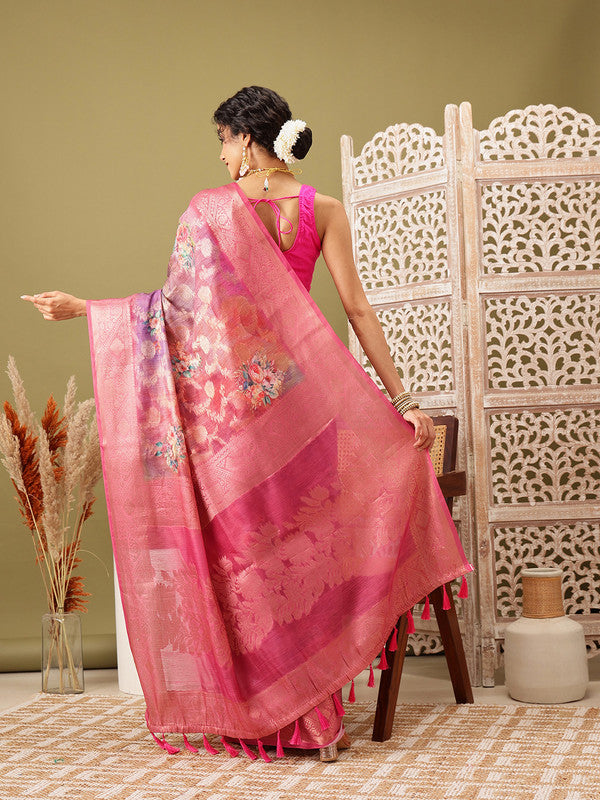 Pink Cotton Digital Print Floral Saree with Unstitched Blouse - Hiral Fashion | Grocsy