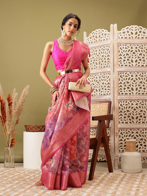 Pink Cotton Digital Print Floral Saree with Unstitched Blouse - Hiral Fashion | Grocsy