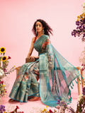 Turquoise Cotton Digital Print Floral Saree with Unstitched Blouse - Hiral Fashion | Grocsy