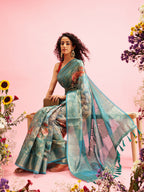 Turquoise Cotton Digital Print Floral Saree with Unstitched Blouse - Hiral Fashion | Grocsy
