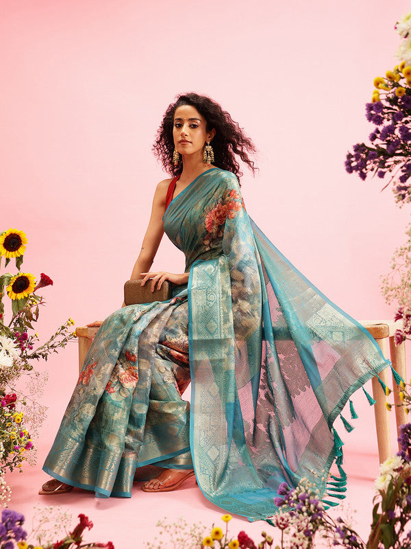 Turquoise Cotton Digital Print Floral Saree with Unstitched Blouse - Hiral Fashion | Grocsy