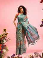 Turquoise Cotton Digital Print Floral Saree with Unstitched Blouse - Hiral Fashion | Grocsy