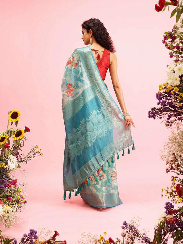 Turquoise Cotton Digital Print Floral Saree with Unstitched Blouse - Hiral Fashion | Grocsy
