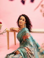 Turquoise Cotton Digital Print Floral Saree with Unstitched Blouse - Hiral Fashion | Grocsy