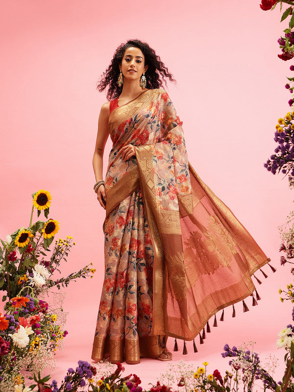 Beige Cotton Digital Print Floral Saree with Unstitched Blouse - Hiral Fashion | Grocsy