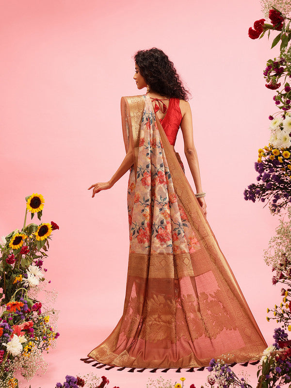 Beige Cotton Digital Print Floral Saree with Unstitched Blouse - Hiral Fashion | Grocsy