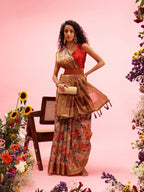 Beige Cotton Digital Print Floral Saree with Unstitched Blouse - Hiral Fashion | Grocsy