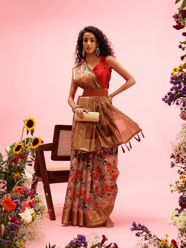 Beige Cotton Digital Print Floral Saree with Unstitched Blouse - Hiral Fashion | Grocsy