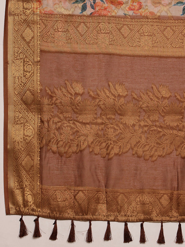 Beige Cotton Digital Print Floral Saree with Unstitched Blouse - Hiral Fashion | Grocsy
