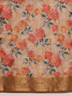 Beige Cotton Digital Print Floral Saree with Unstitched Blouse - Hiral Fashion | Grocsy