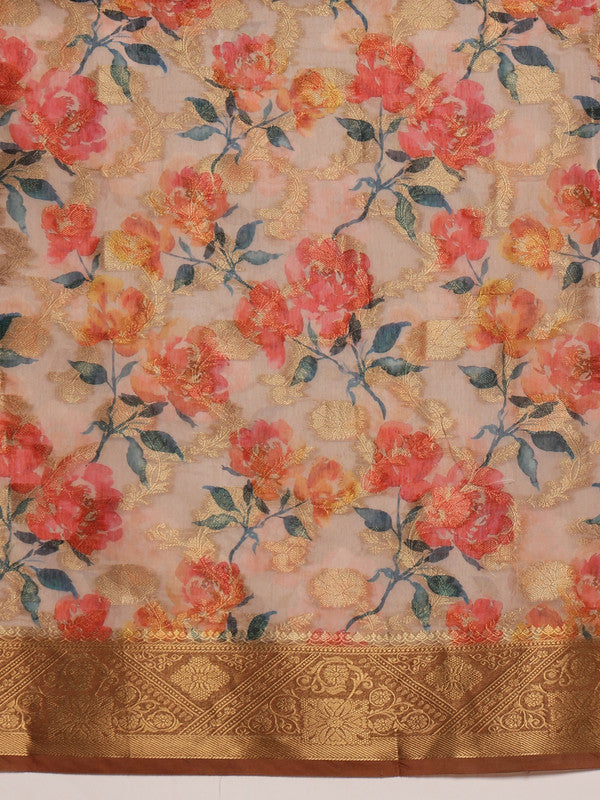 Beige Cotton Digital Print Floral Saree with Unstitched Blouse - Hiral Fashion | Grocsy