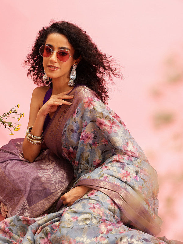 Gray Cotton Digital Print Floral Saree with Unstitched Blouse - Hiral Fashion | Grocsy