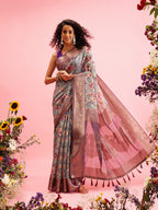 Gray Cotton Digital Print Floral Saree with Unstitched Blouse - Hiral Fashion | Grocsy