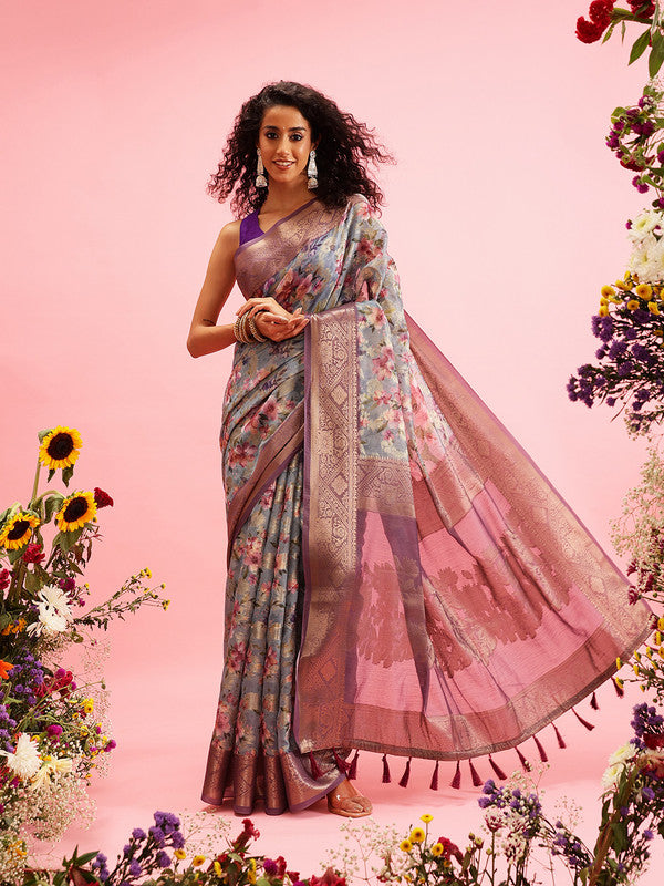 Gray Cotton Digital Print Floral Saree with Unstitched Blouse - Hiral Fashion | Grocsy
