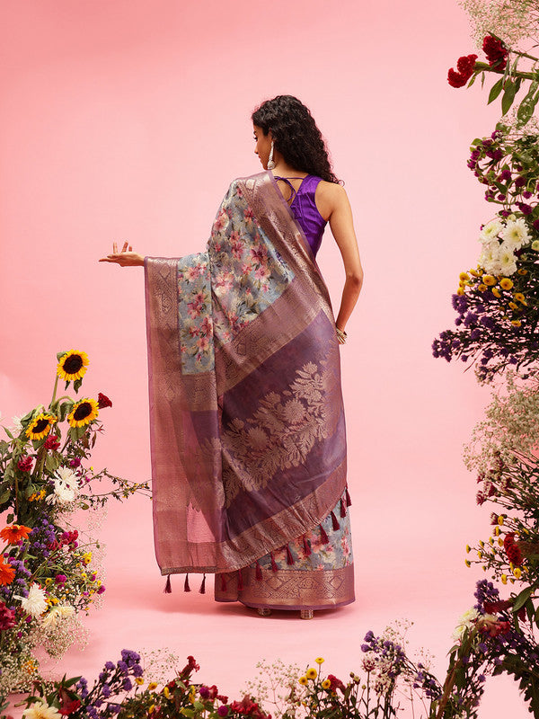 Gray Cotton Digital Print Floral Saree with Unstitched Blouse - Hiral Fashion | Grocsy