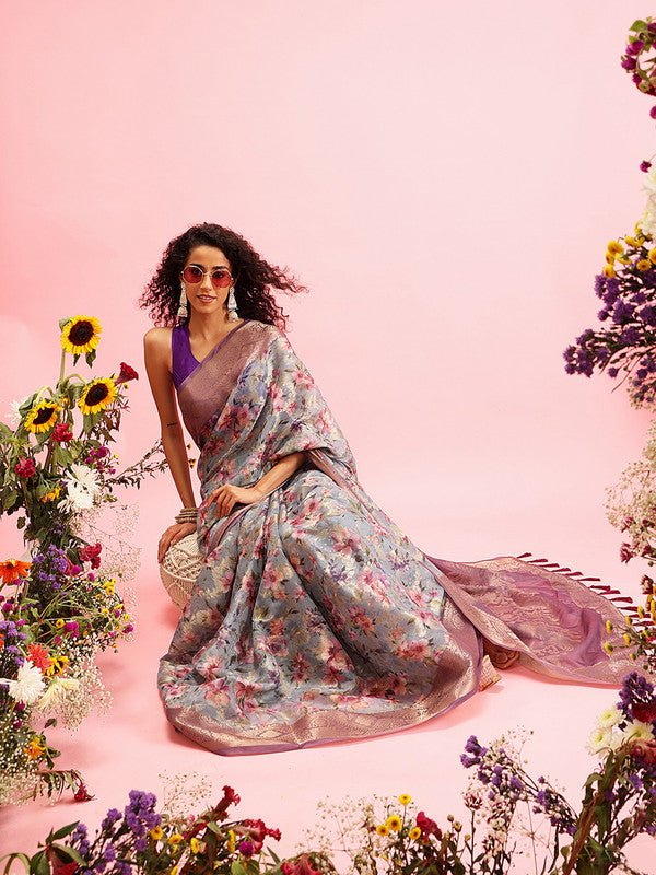 Gray Cotton Digital Print Floral Saree with Unstitched Blouse - Hiral Fashion | Grocsy