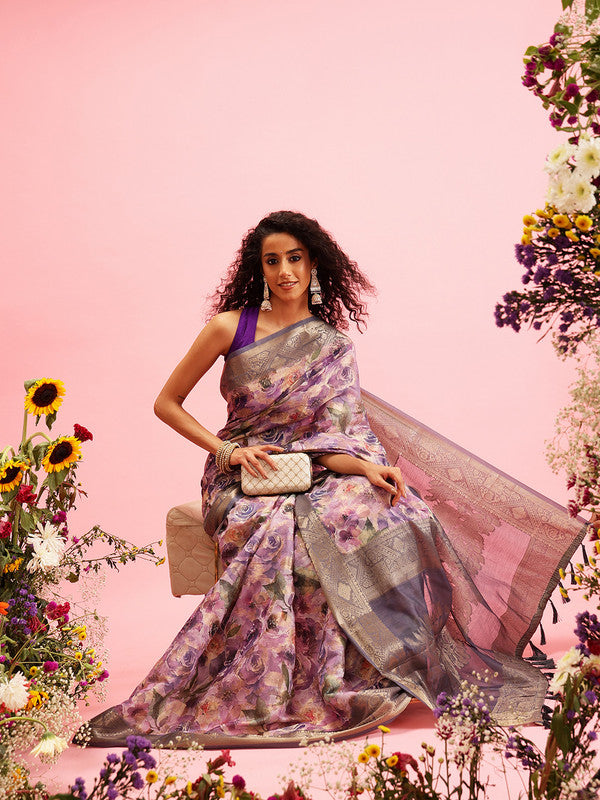 Lavender Cotton Digital Print Floral Saree with Unstitched Blouse - Hiral Fashion | Grocsy