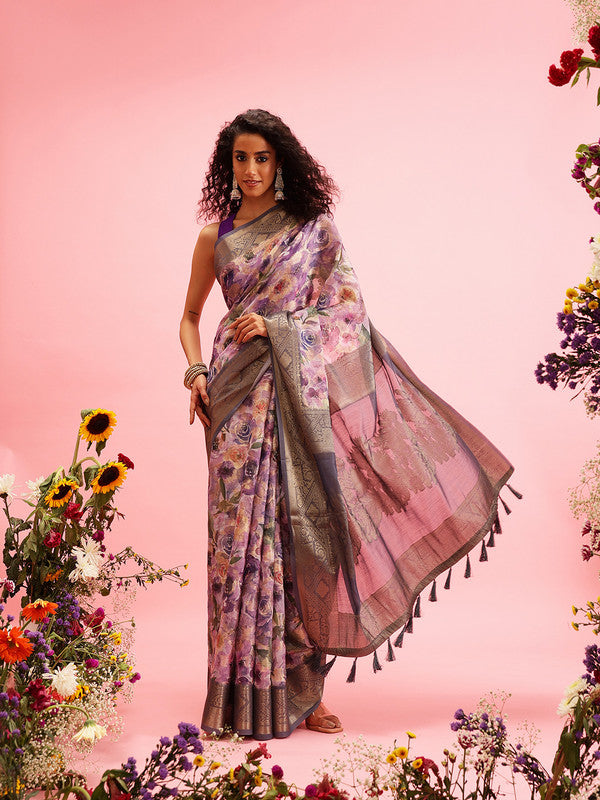Lavender Cotton Digital Print Floral Saree with Unstitched Blouse - Hiral Fashion | Grocsy